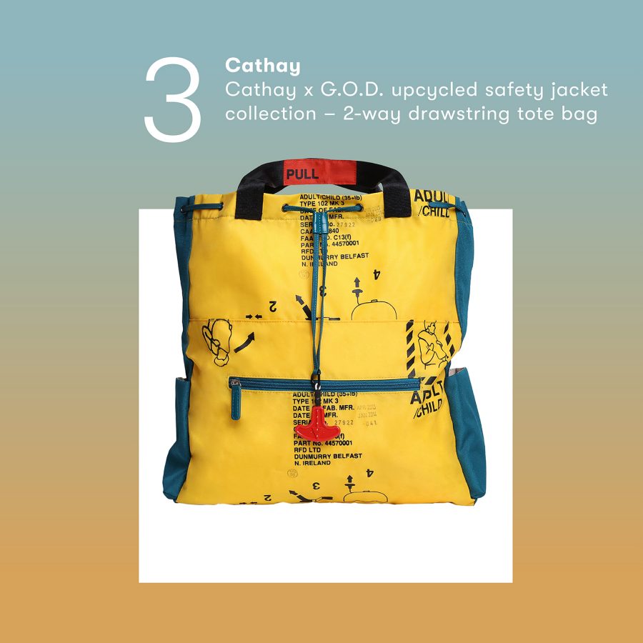 Product shot of the Cathay x G.O.D. upcycled safety jacket collection – 2-way drawstring tote bag.