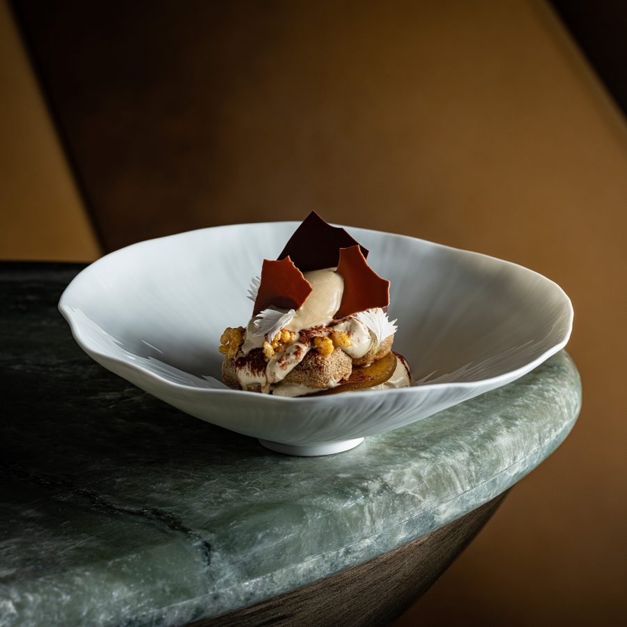 Close-up on a dessert served at Akira Back’s Hong Kong restaurant.