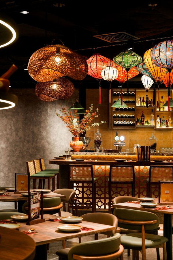 Interiors at Bistro Hoi An with lanterns dangling over the dining room. 