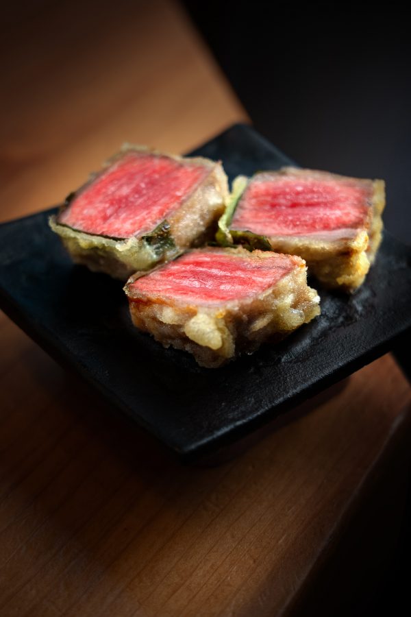 Cross-section of a meat tempura dish served at Hakata Tempura Nagaoka.
