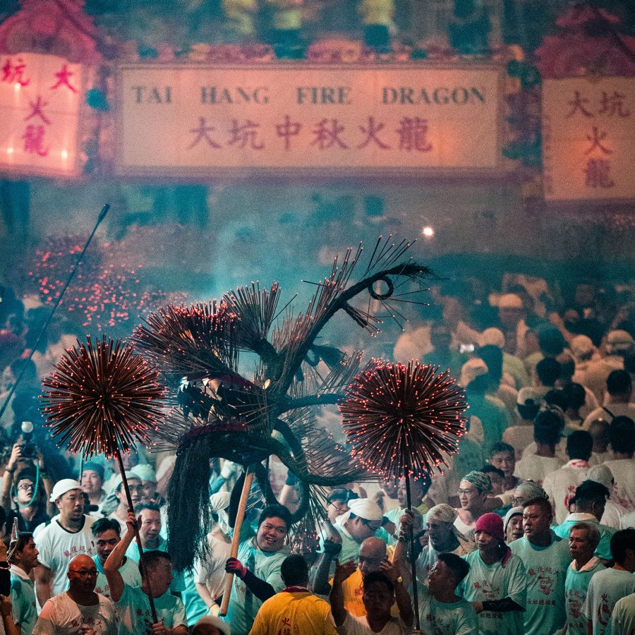 The Tai Hang Fire Dragon parades through a neighbourhood in Hong Kong.