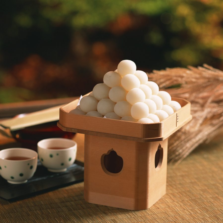 A platter of tsukimi dango dumplings, eaten during moon-viewing ceremonies in Japan.