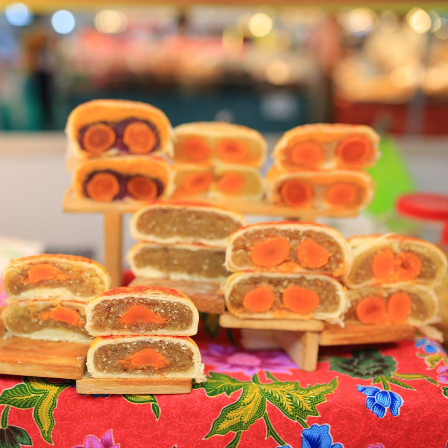 Piles of mooncakes cut in half during the Moon Praying Festival.