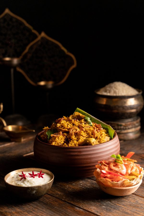 A large bowl of biryani from Podi & Poriyal in Singapore.