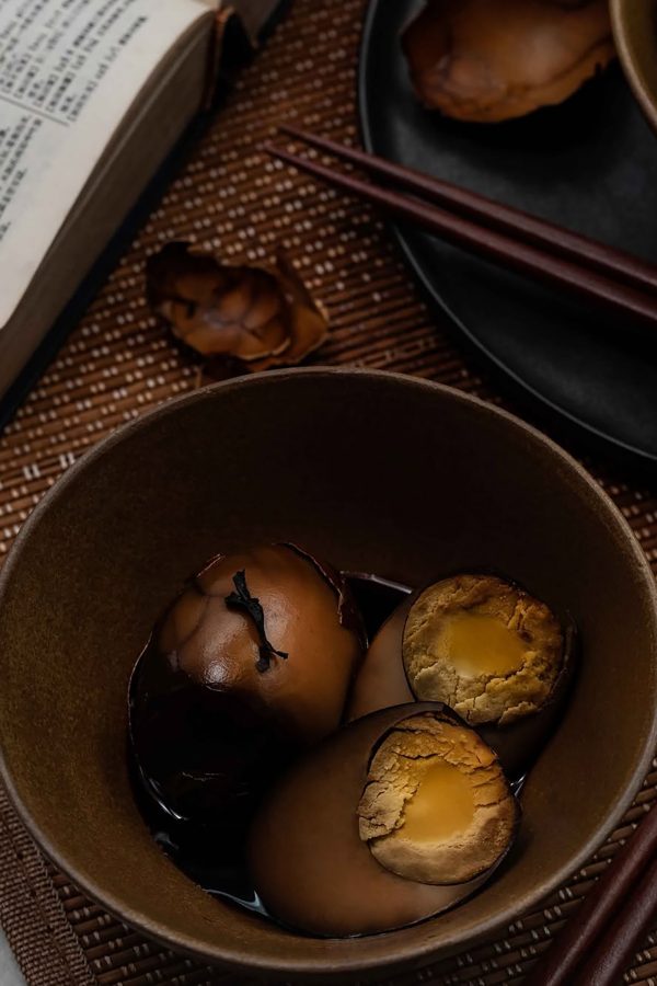 A bowl of Chinese tea eggs from Tea Chapter in Singapore.