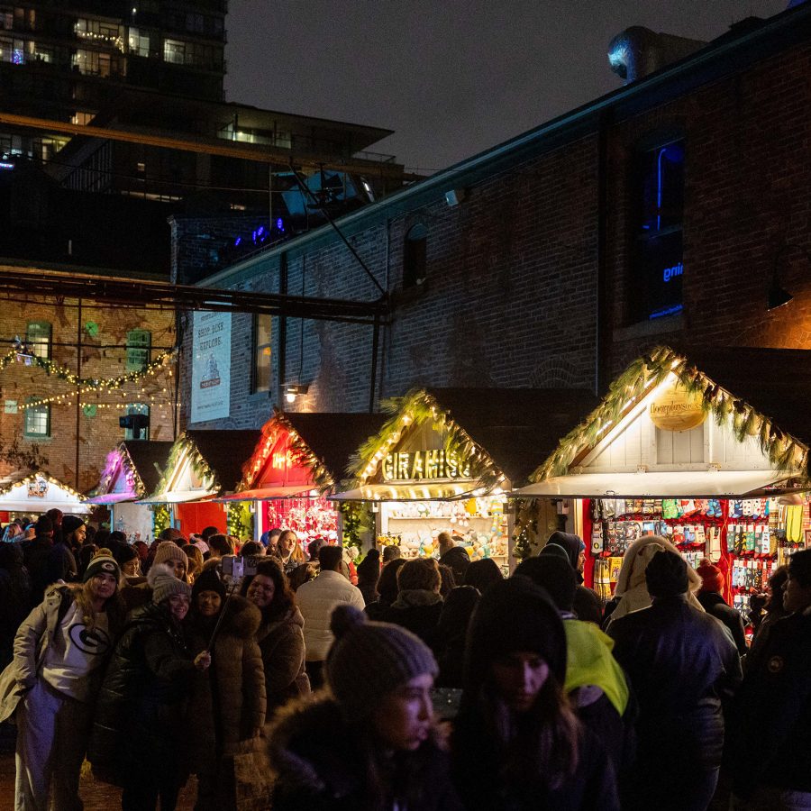 Crowds pass illuminated stalls at the Toronto Winter Village market.