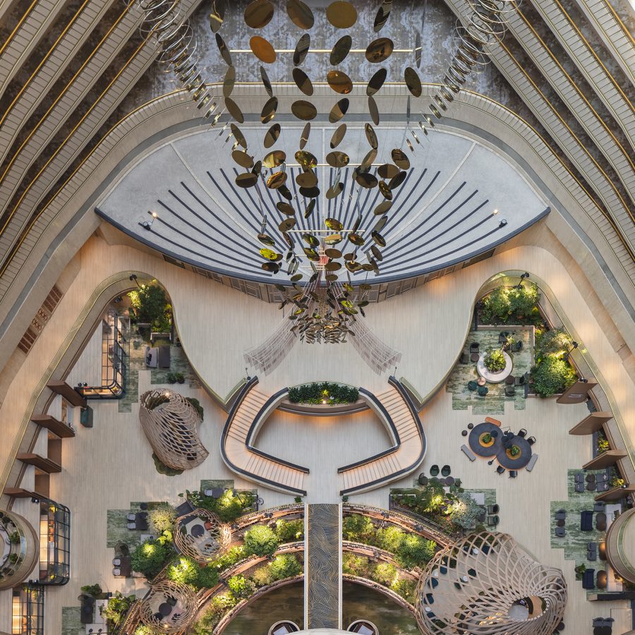 A view of the hotel lobby from the top at ParkRoyal Collection Marina Bay Singapore.