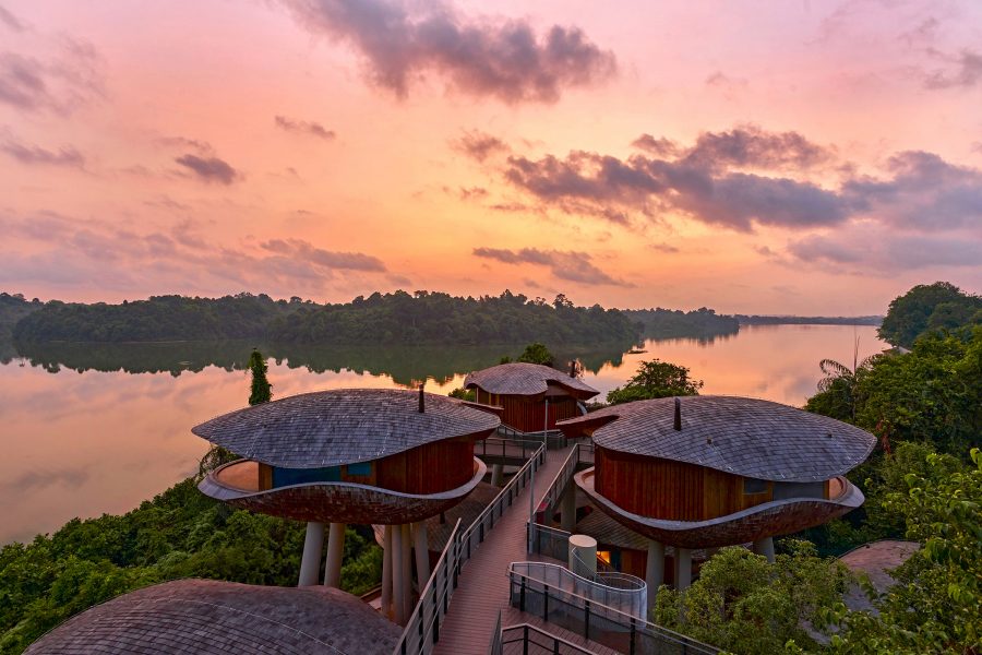 Aerial view of Mandai Rainforest Resort by Banyan Tree in Singapore and surrounding sea and greenery at sunset.