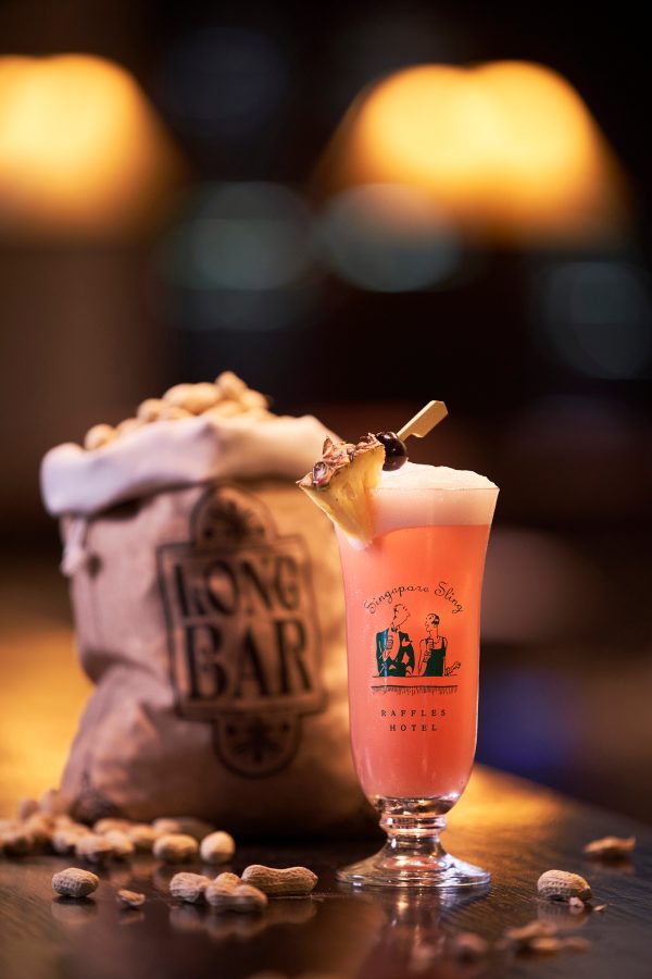 Closeup of the iconic Singapore Sling served at Long Bar at Raffles hotel in Singapore.