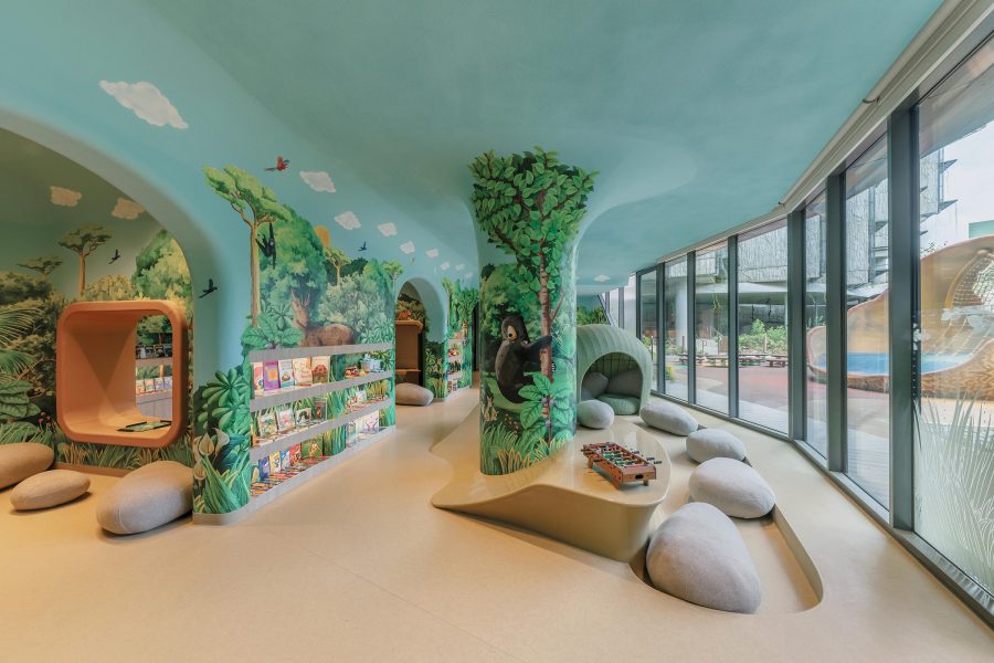 Interior view of the wildlife-inspired Rangers Club children’s play area at Mandai Rainforest Resort by Banyan Tree in Singapore.