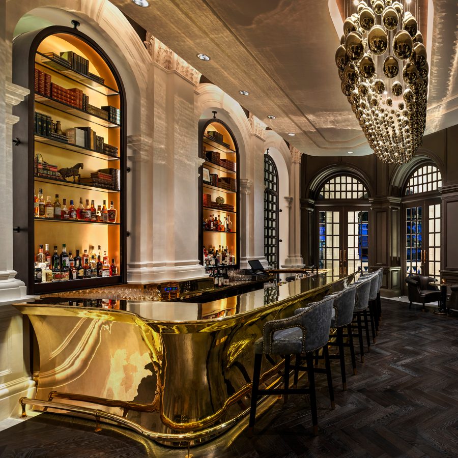 Interior view of the modern Writers Bar at Raffles hotel in Singapore.