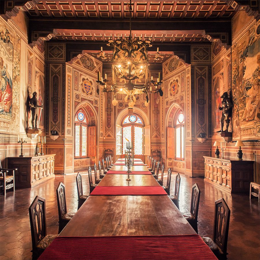A view of the classical renaissance interior design inside of the Barone Ricasoli wine estate.