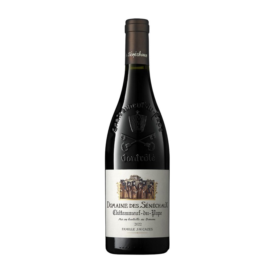 A bottle of Domaine des Senechaux, Chateauneuf-du-pape, Rhone Valley, France, 2022, served in Cathay Pacific’s Business cabin.