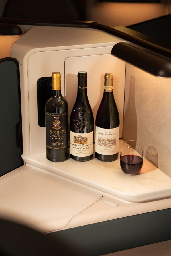 Three red wine bottles showcased in Cathay Pacific’s First Class cabin – its Discovery Wine series from some of the world’s oldest wineries – Barone Ricasoli’s Brolio Riserva Chianti Classico 2022, Domaine des Sénéchaux’s Châteauneuf-du-Pape 2022 from Rhône Valley, Hartenberg Estate’s Shiraz 2021 from Stellenbosch, South Africa 