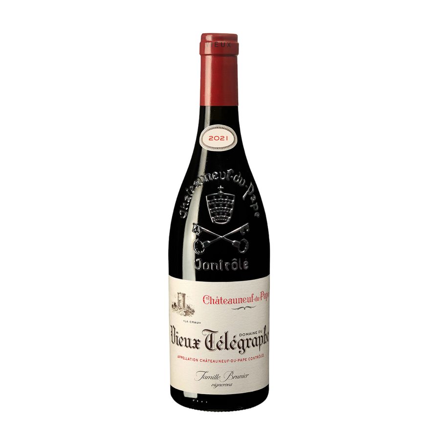 A bottle of Vieux Télégraphe, Châteauneuf-du-Pape, Rhone Valley, 2021, served in Cathay Pacific’s First Class cabin.