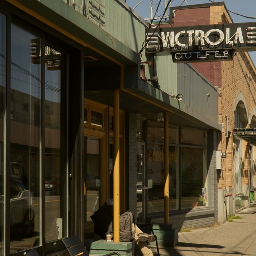 The exterior of Victrola Coffee Roasters in Seattle in the daytime.