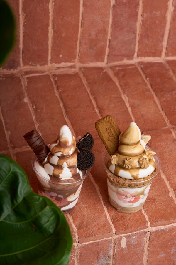 Two frozen yogurt cups sit on brick steps.