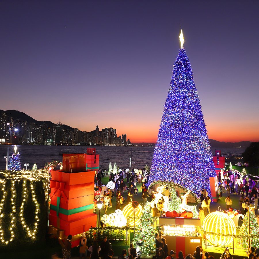 WestK Christmas fest decorations along the Hong Kong harbour.