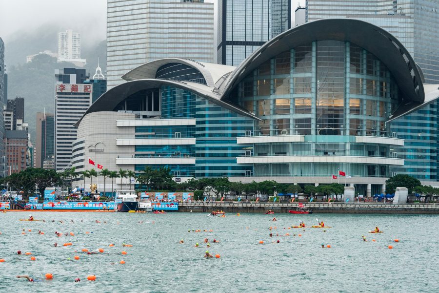 Hong Kong Convention and Exhibition Centre along the harbour. 