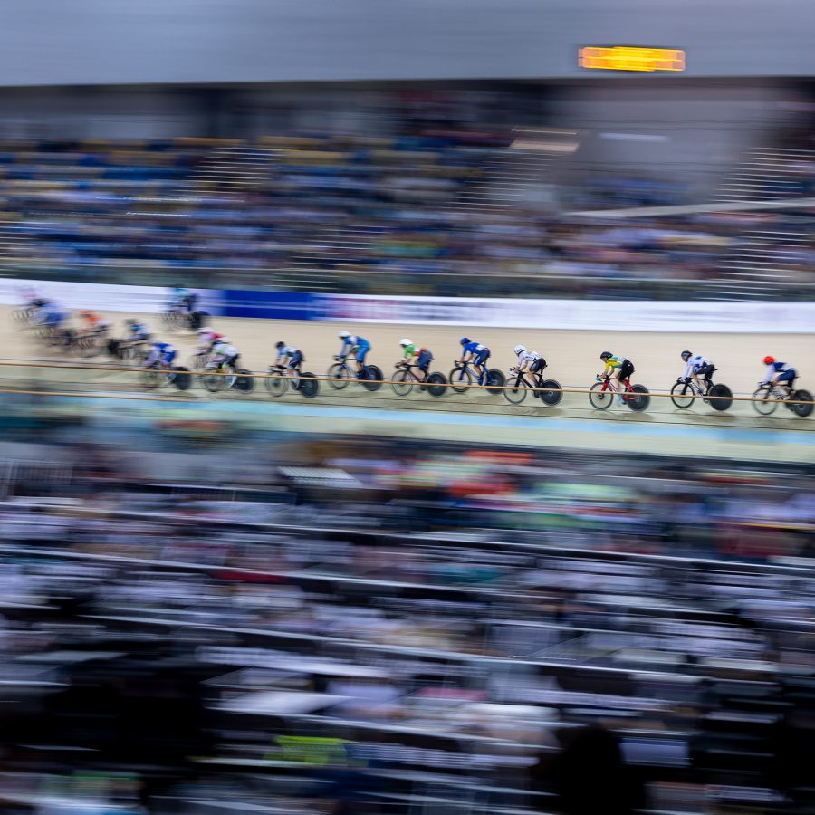 A group of cyclists in a bicycle race. 