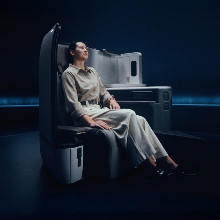 Siobhan Haughey resting in Aria Suite, Cathay Pacific's Business cabin.