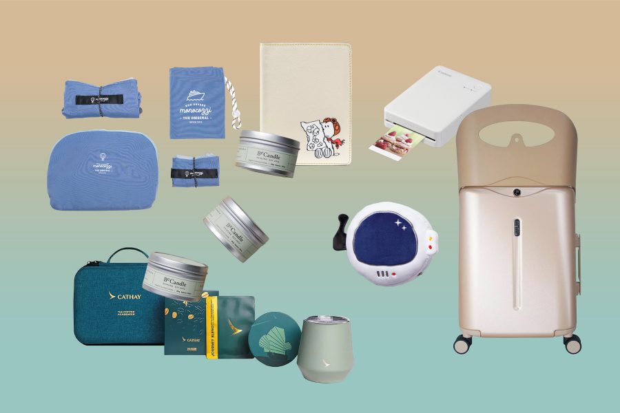 Collage of Cathay shop products for November, including travel-themed Christmas gift ideas.