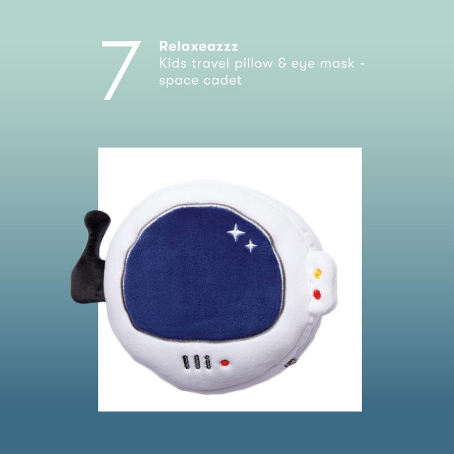 Product shot of the Relaxeazzz space cadet kids travel pillow & eye mask. 