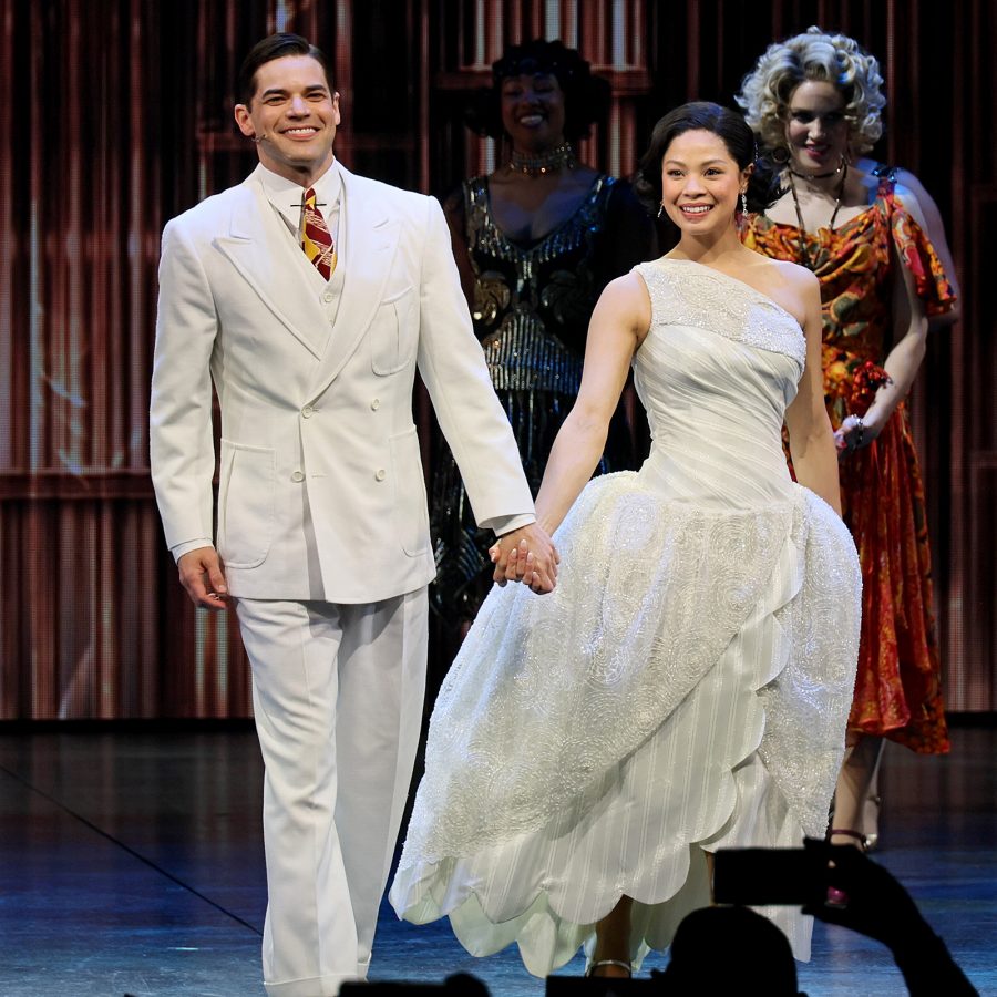 The cast of The Great Gatsby on Broadway smiling on stage at tcurtain call.