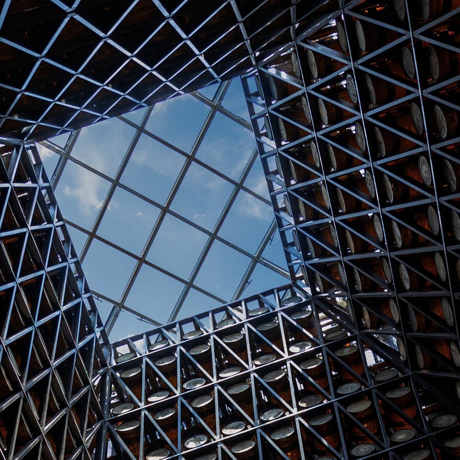 Interior of the barrel tower at YunTuo Whisky Distillery.