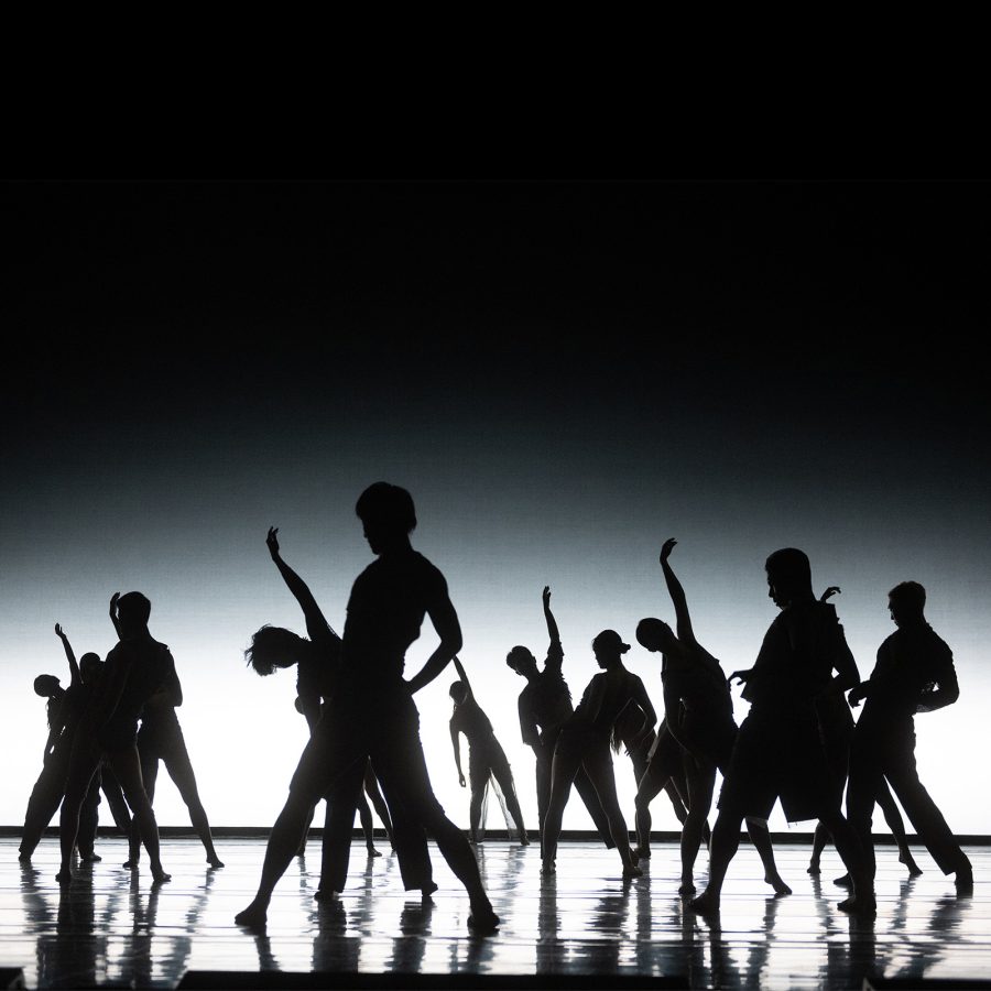 Silhouetted bodies perform artfully in monochrome light.