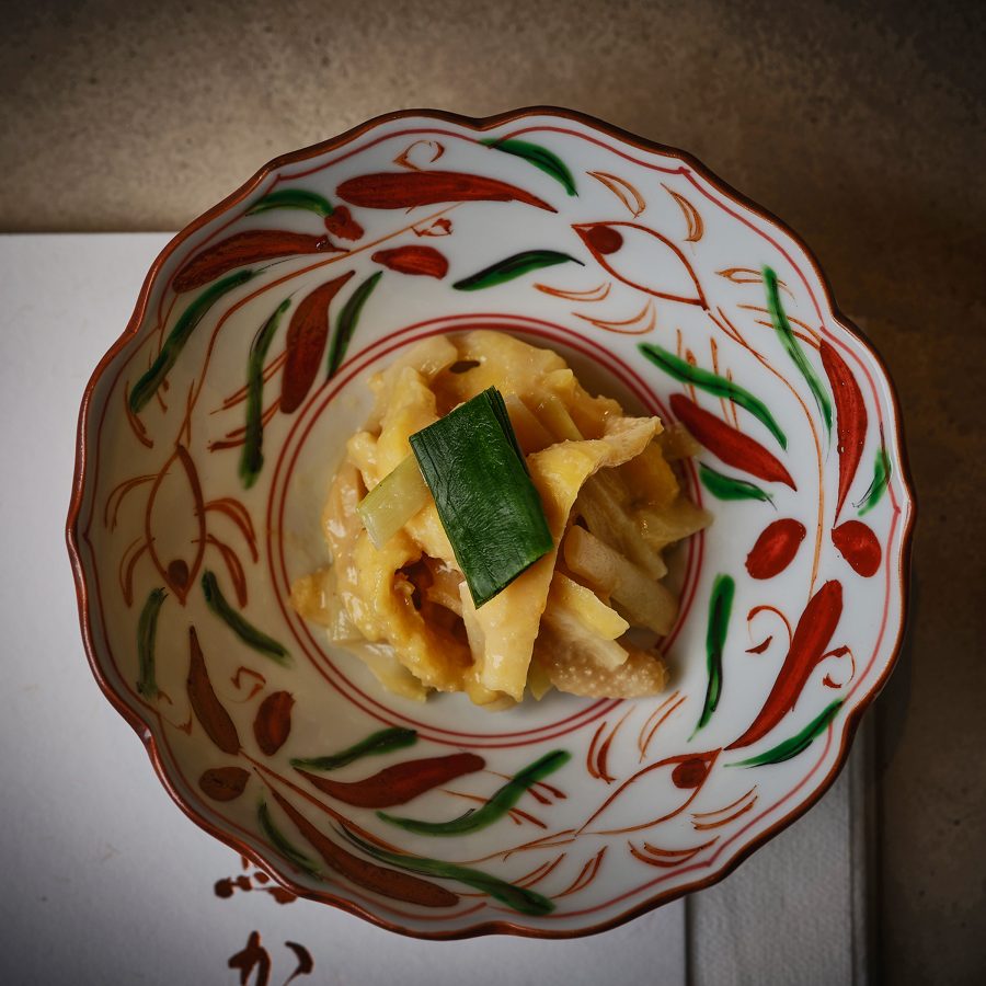 Close up on a yellow dish at Torikaze in Hong Kong.