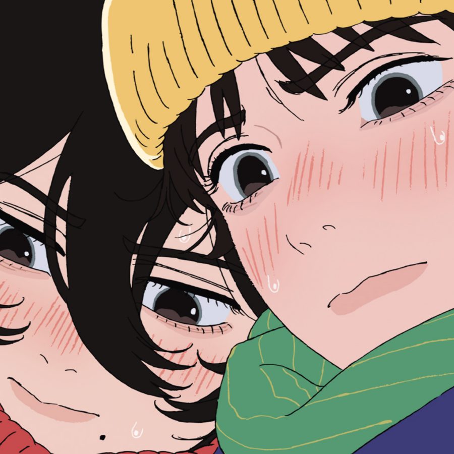 A close-up illustration of two friends standing side by side, in hand-drawn animation Look Back.