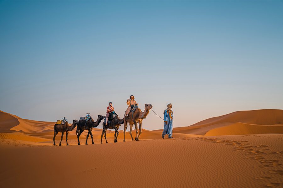 Row of people riding on camels in the desert