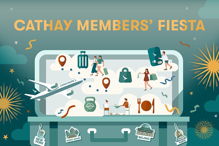 A suitcase infographic with aircraft, hand-carry bag, dining, credit card icons etc and firework and Cathay Members' Fiesta background