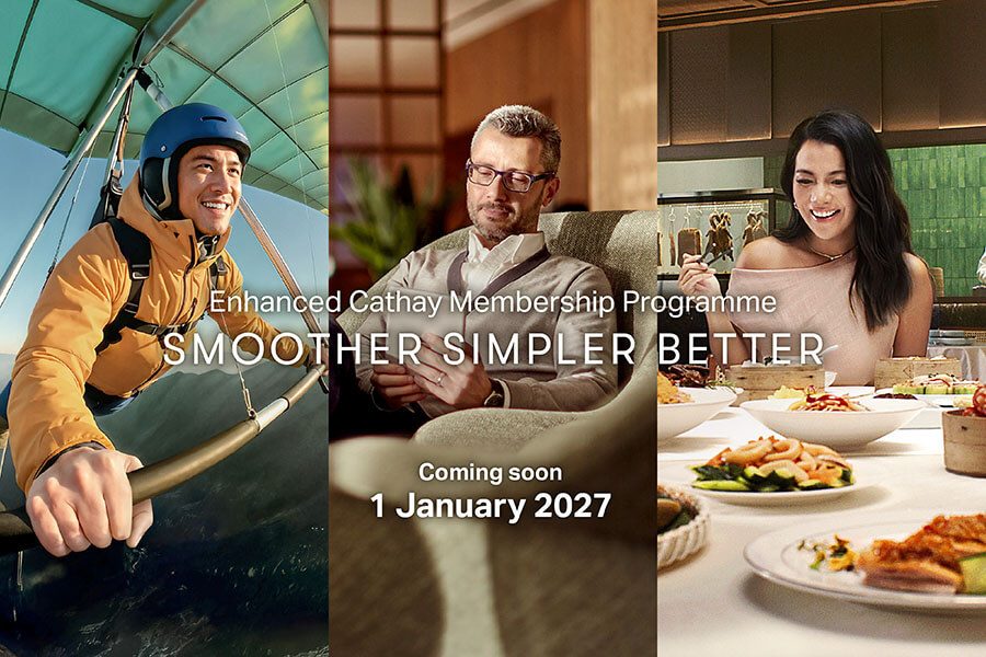 A man hang gliding on the left, an elderly man reading on an iPad in the center, and a girl about to eat dim sum on the right.