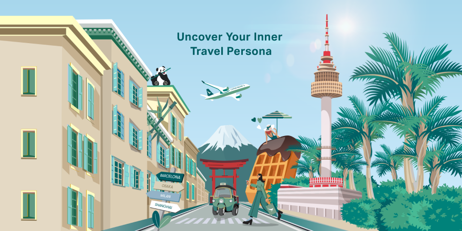 A Cathay Pacific plane flies across the sky, Mount Fuji rises in the distance, towering over a city street with a traditional Japanese red torii gate at the far end, and a tuk tuk in the centre. On the left, a Western-style building has a few bamboo trees and a panda eating bamboo on its roof. On the right, there is The N Seoul Tower and a giant waffle rise like buildings, with a woman sunbathing on the waffle. In the foreground, a woman with long, flowing hair carries a Cathay shopping bag as she crosses the street. A signpost points to Barcelona, Osaka, Milan and Shanghai.
