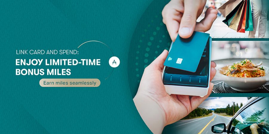 Advertisement promoting bonus miles for linking a card and spending. Main text reads 'LINK CARD AND SPEND: ENJOY LIMITED-TIME BONUS MILES' with subtext 'Earn miles seamlessly.' Image features a hand holding a credit card over a payment terminal, alongside smaller visuals of shopping bags, a plate of food, and a car driving on a road.