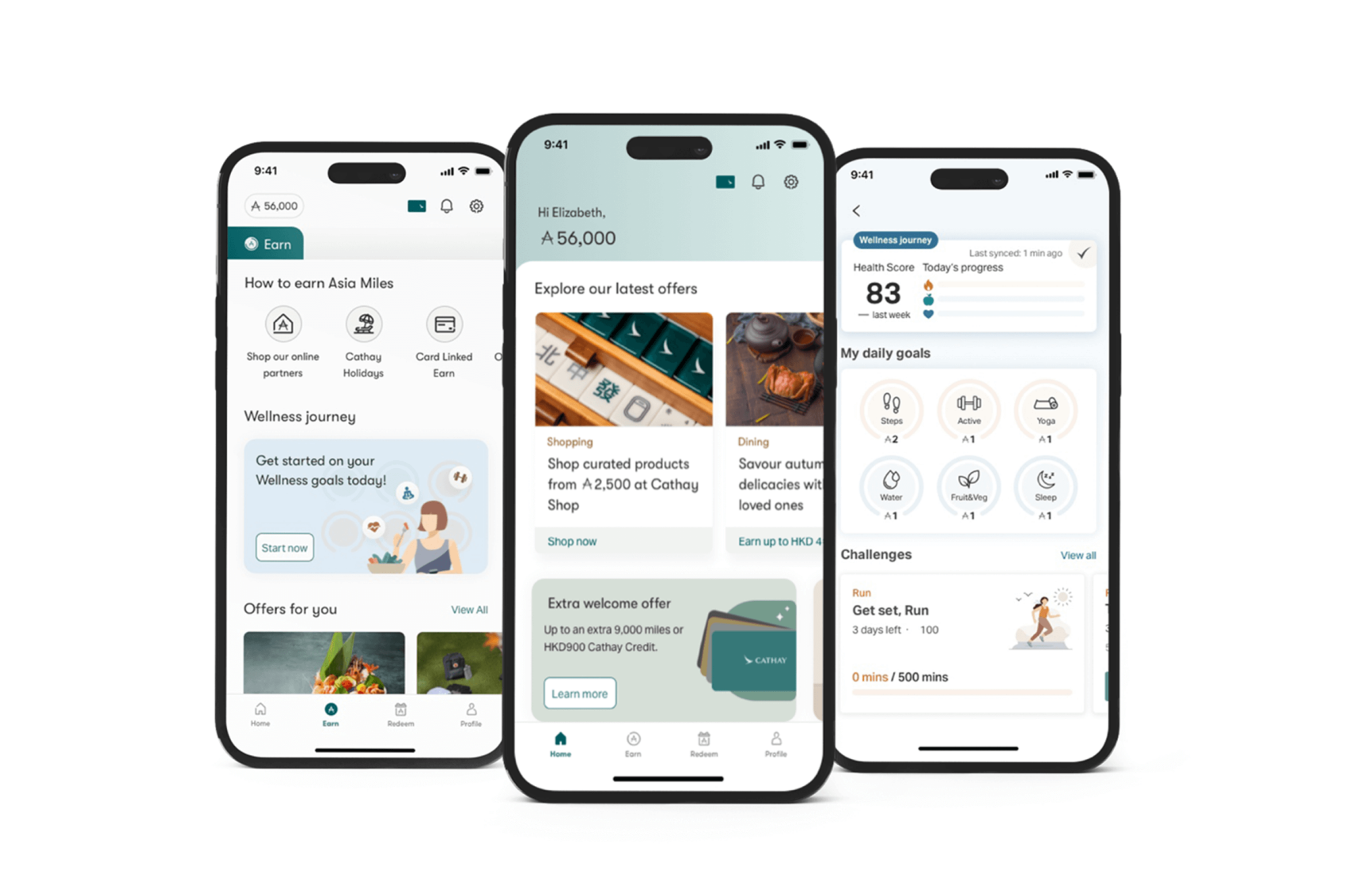 Three phone screenshot showing one-stop concierge for earning and spending Asia Miles