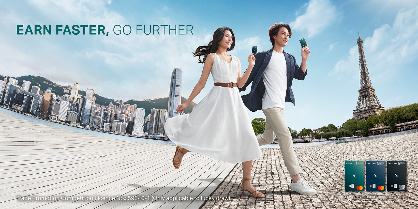 A couple holding Standard Chartered Cathay Mastercard to Earn Faster Go Further