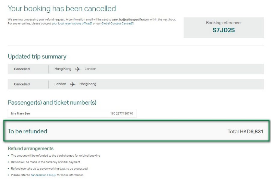 Booking cancelled and processing refund