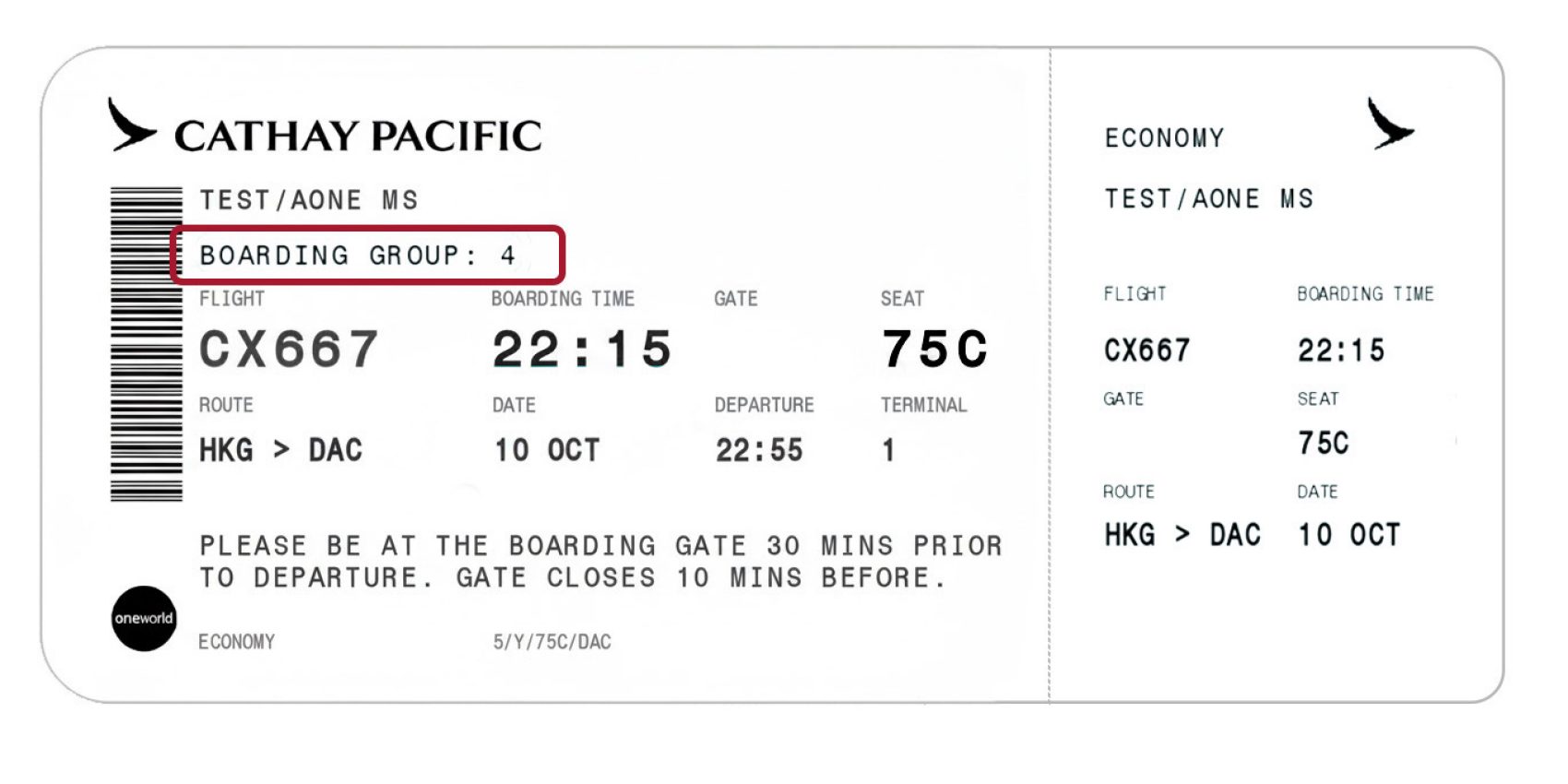 A diagram showing a boarding pass marked by 'Cathay Pacific' in the top left corner and the brushwing logo in the top right corner. Below the logos are flight details including passenger name, flight number, departure time, seat number and route information. On the right of the boarding pass is a red box indicating the position of where the boarding group number can be found.