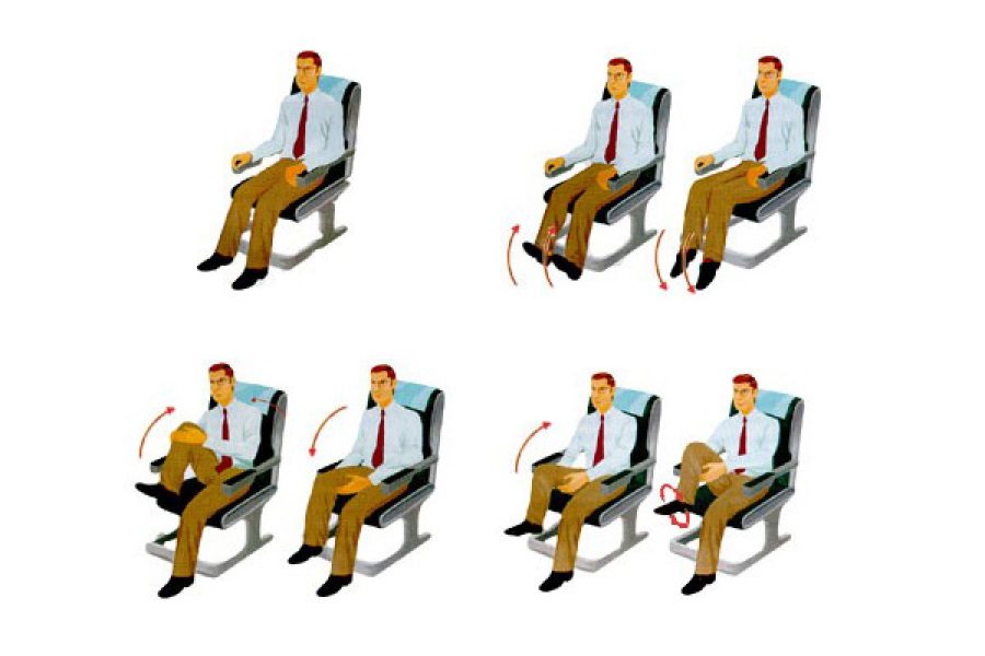 A series of six illustrations showing a man in an airplane seat performing leg exercises to improve circulation during flights. He wears a white shirt, red tie, and brown pants. The exercises include ankle rotations, leg lifts, knee lifts, and crossing legs, with arrows indicating movement directions.