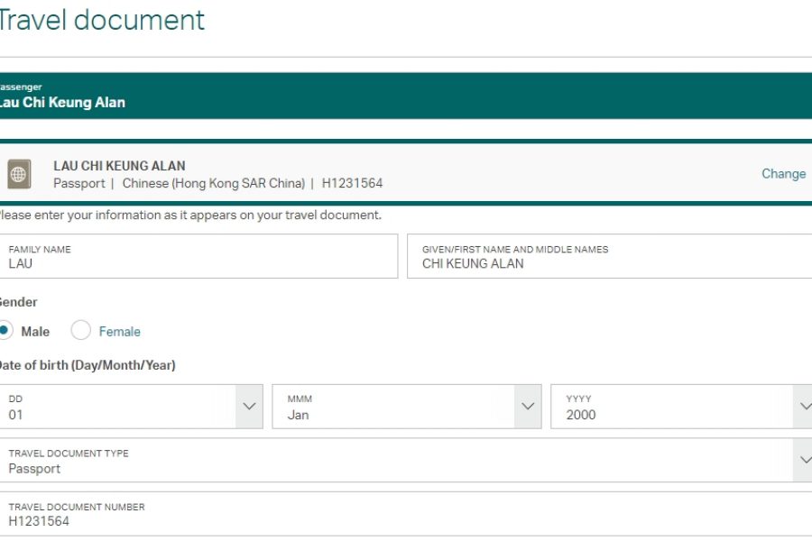 cathay pacific travel document number