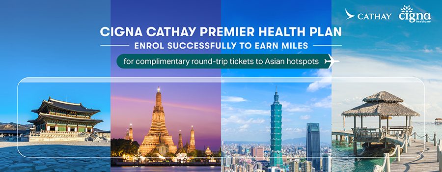 The background features four different scenic images: a traditional Korean palace, a Thai temple at night, Taipei 101 in Taiwan, and a tropical beach in Phuket.The text reads: enrol successfully to earn miles for complimentary round-trip tickets to Asian hotspots. 