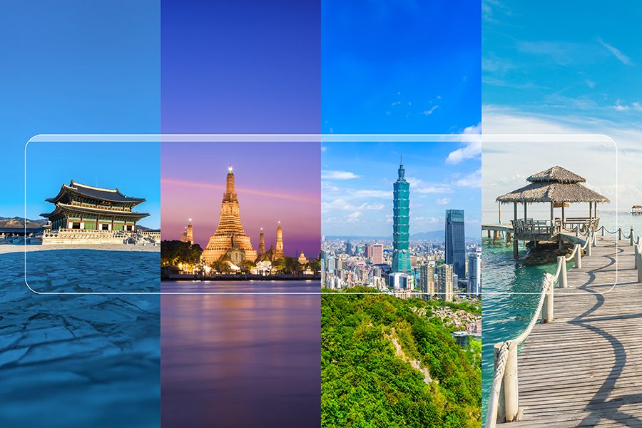The background features four different scenic imaes: a traditional Korean palace, a Thai temple at night, Taipei 101 in Taiwang, and a tropical beach in Phuket.