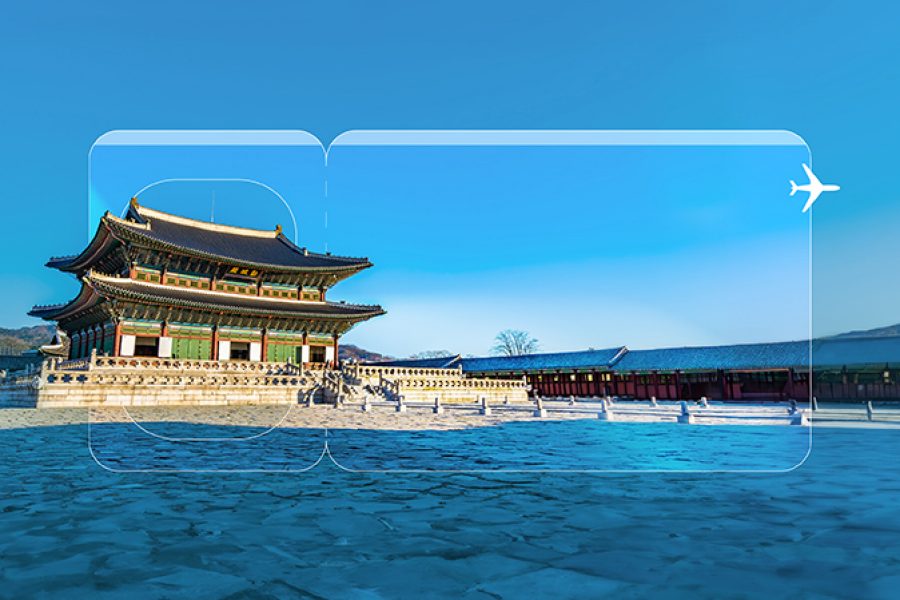 Traditional Korean palace under a clear blue sky with air ticket line graphic