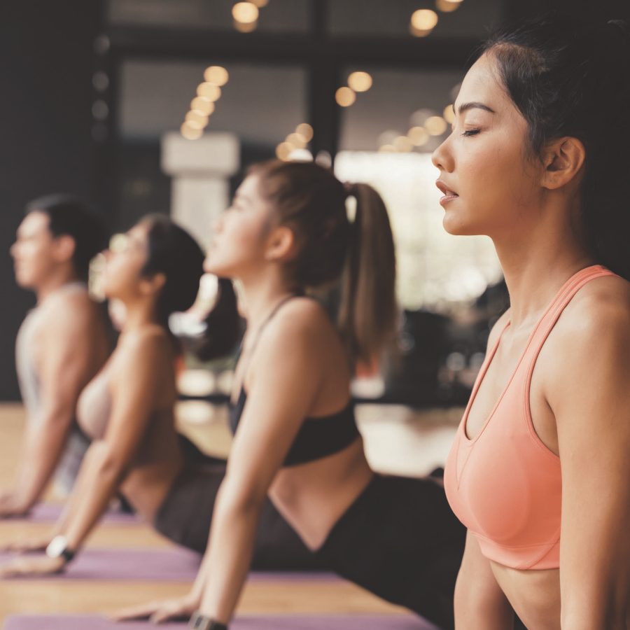 Row of ladies in cobra pose in a yoga class