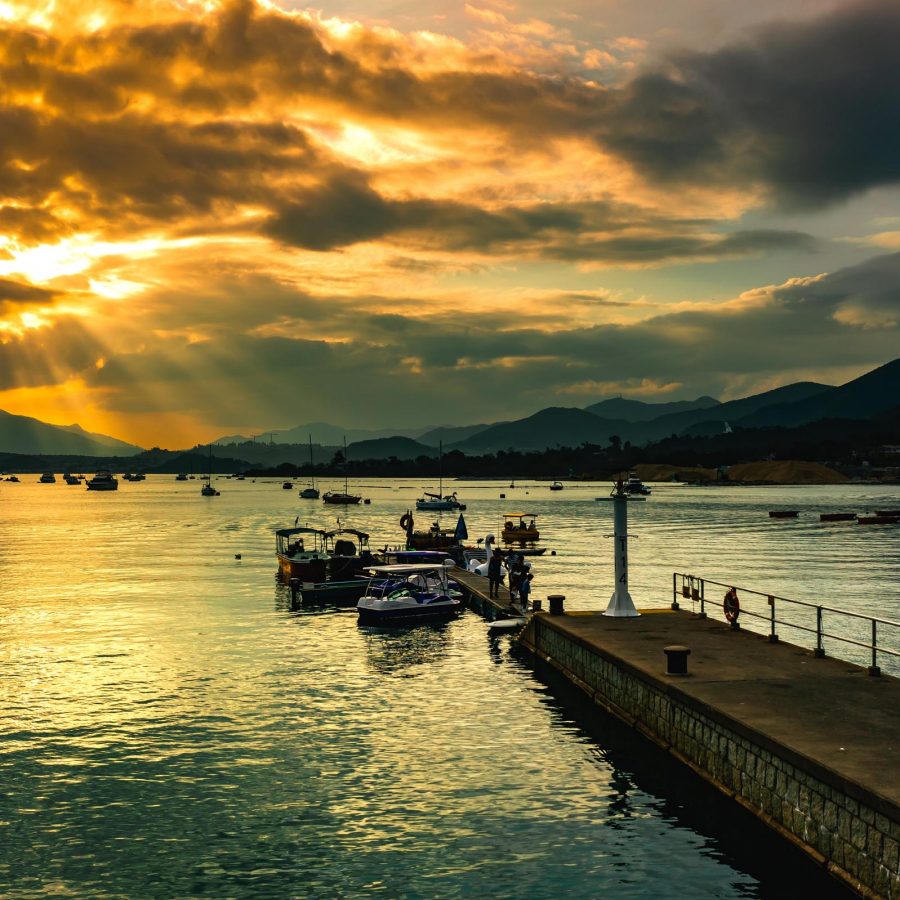 Beautiful golden sunset over a pier in Tai Po