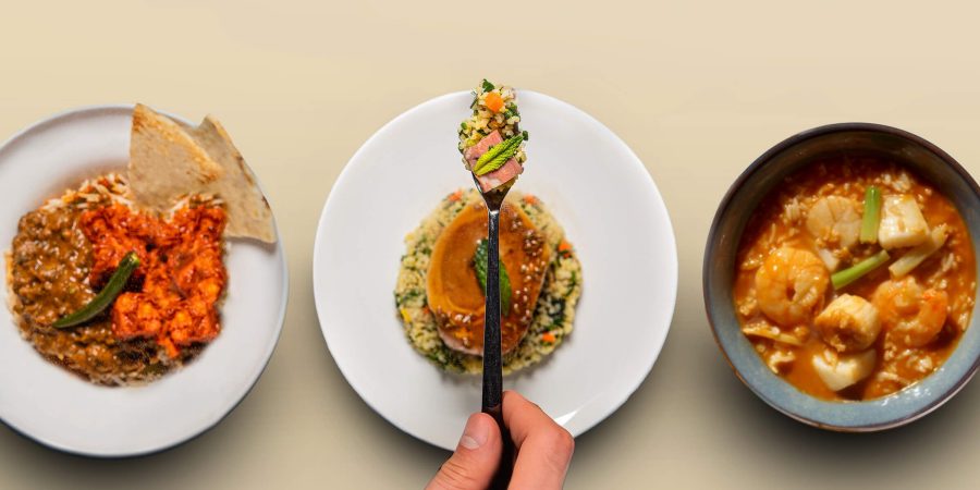 A spread of three signature dishes from Cathay Signatures. In the centre foreground, a hand holds a fork with food.
