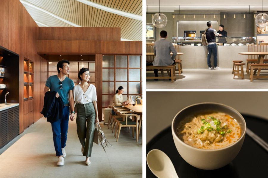A collage showcasing a couple walking inside a Cathay Pacific Business class lounge, a man ordering from the lounge's Food Hall, and a close-up of a bowl of dan dan noodles.